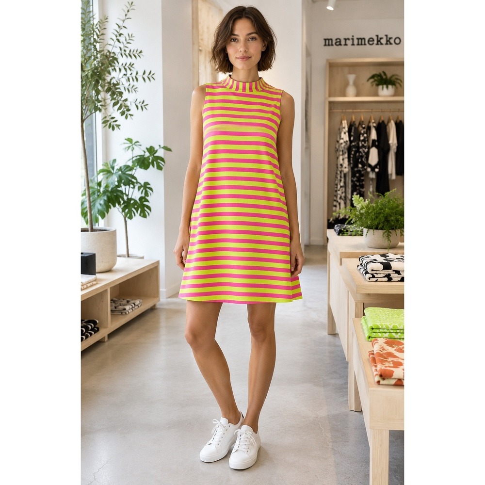 Marimekko Original Large Pink Lime Stripe Cotton Dress Mock Neck Sleeveless